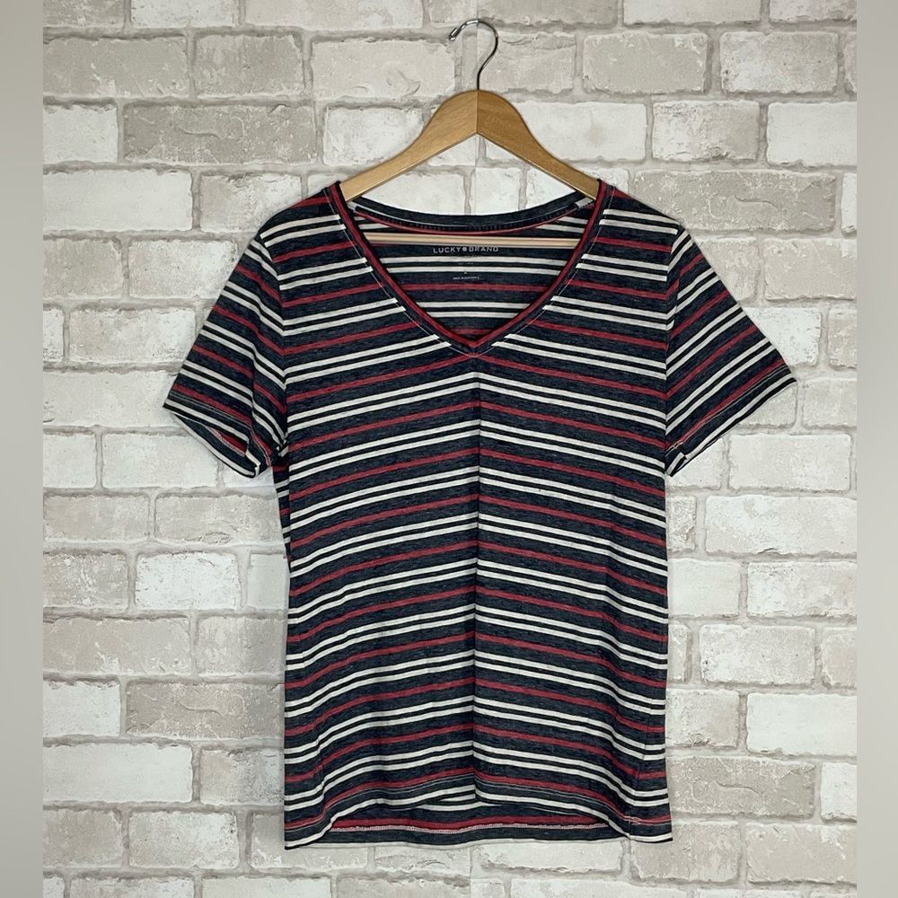 Lucky Brand Multicolor Striped V-Neck Tee Size L